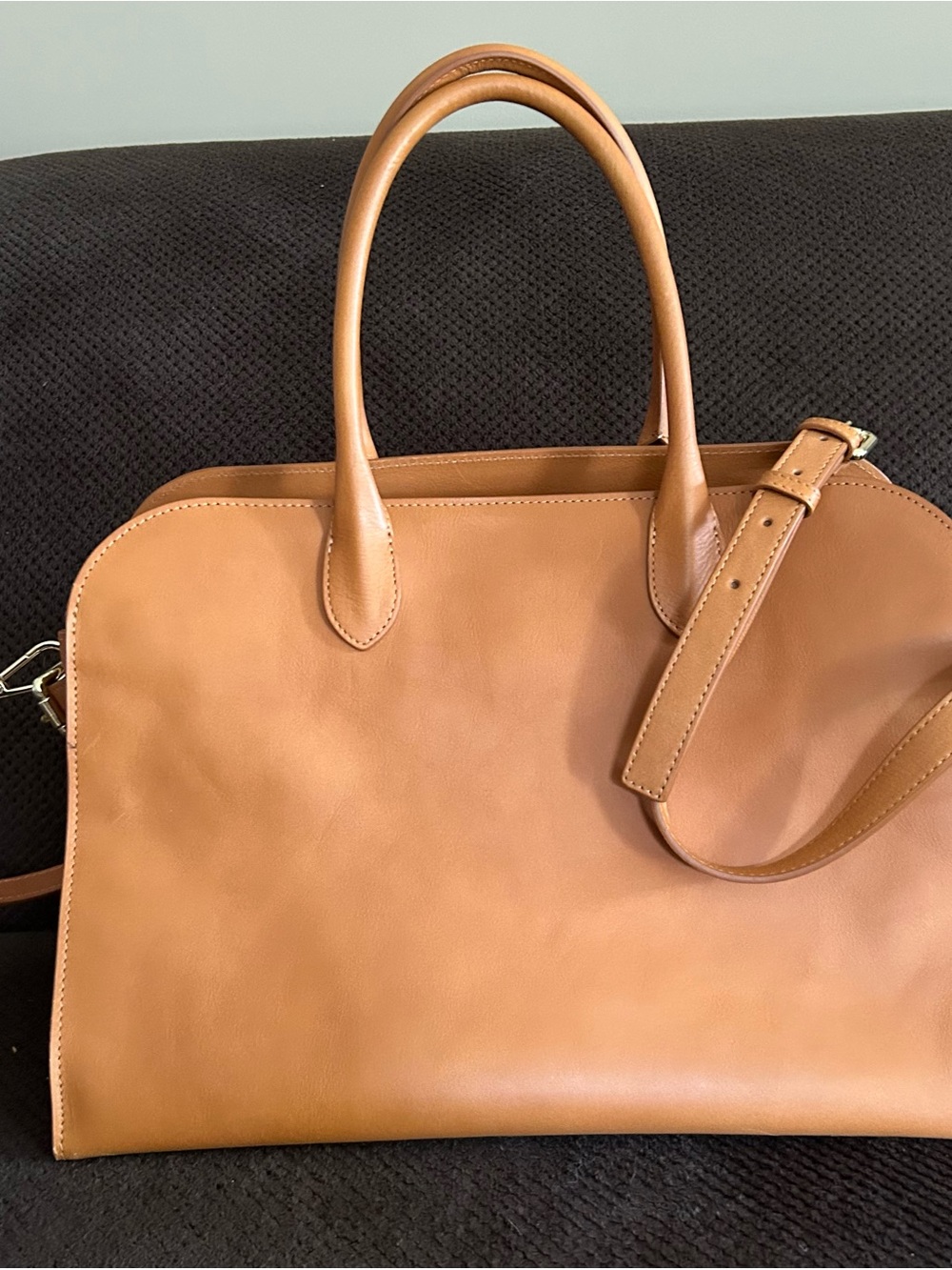 Structured Tan Leather Satchel with Top Handles and Crossbody Strap